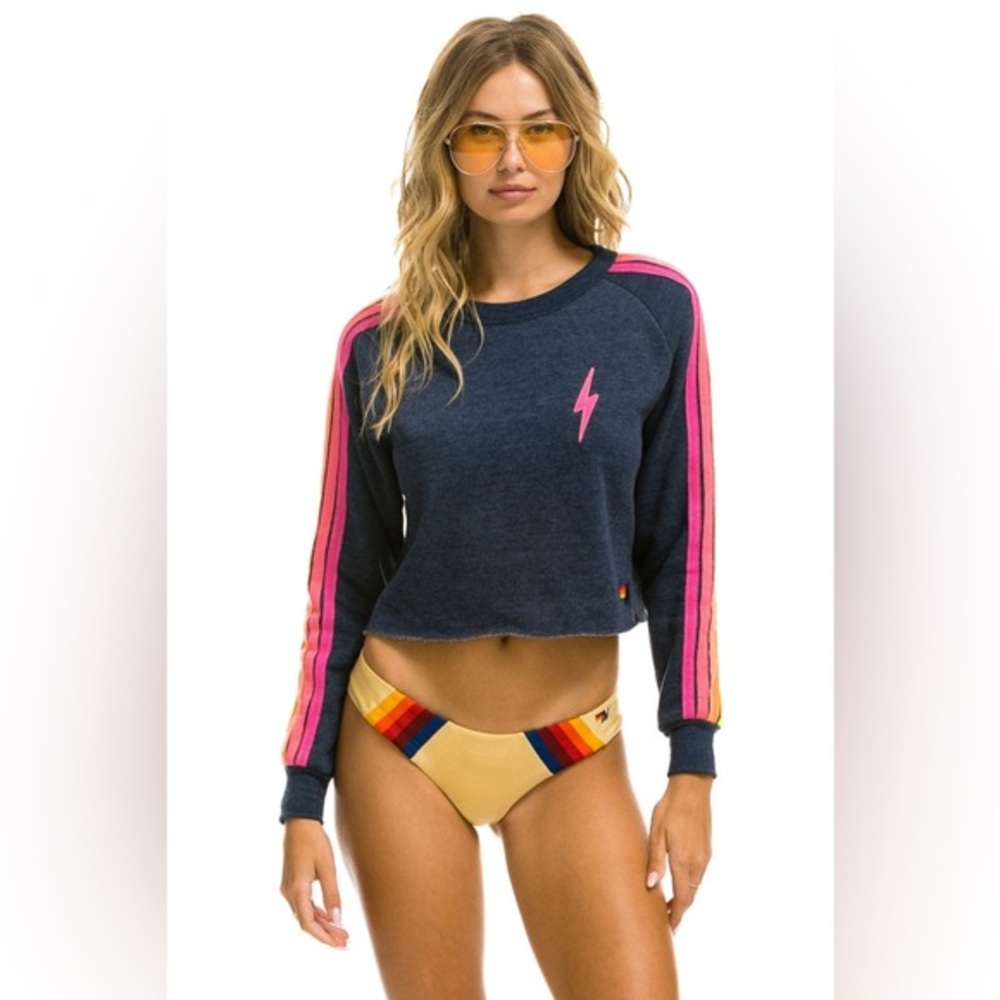 Aviator Nation Bolt Embroidery Classic Cropped Crew Sweatshirt in Heather Navy